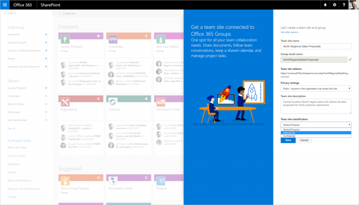 Двухшаговый мастер создания сайта SharePoint, связанного с Office 365 Groups