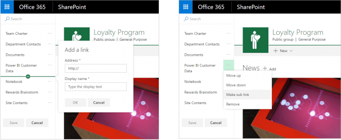 Редактирование элементов левого меню навигации сайта SharePoint Online прямо на странице