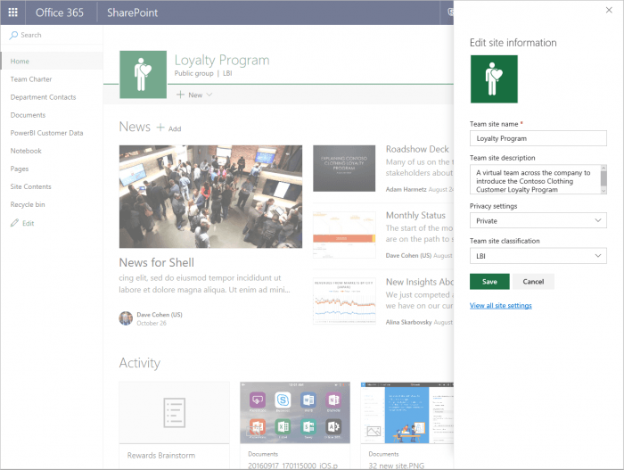 Панель Site Information для редактирования названия и конфиденциальности сайта SharePoint Online