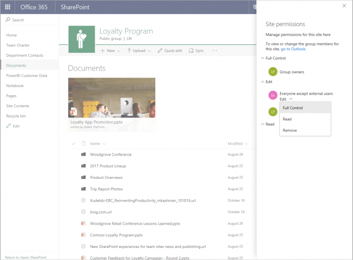 Панель управления правами доступа участников сайта команды SharePoint Online