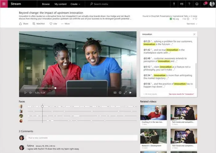 Microsoft Stream с функций распознавания лиц и транскрипции речи в текст