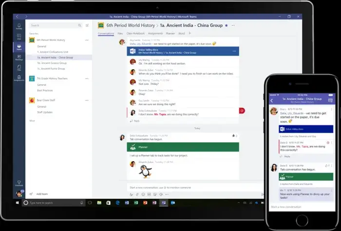 Интерфейс Microsoft Teams для аудиторий с OneNote Class Notebook и Назначениями